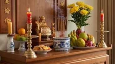 Gia chủ chuẩn bị mâm lễ vật tươm tất và đọc văn khấn an vị bàn thờ mới tại không gian thờ cúng trang nghiêm