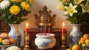 Mâm lễ vật tươm tất và bát hương gốm sứ trang nghiêm chuẩn bị cho nghi thức đọc văn khấn an vị bát hương mới