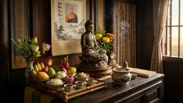 Mâm lễ chay thanh tịnh cùng án gian trang nghiêm trong nghi thức đọc văn khấn an vị phật tại gia