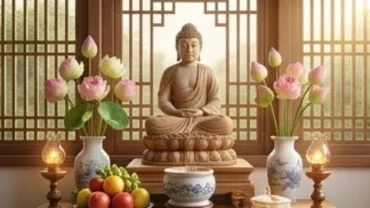 Gia chủ chuẩn bị mâm lễ chay tịnh và đọc văn khấn an vị Phật tại gia trước bàn thờ trang nghiêm