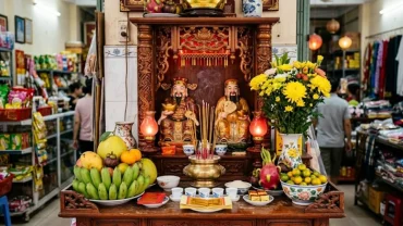 Mâm lễ và không gian thờ được bài trí chuẩn bị cho nghi thức đọc văn khấn an vị thần tài thổ địa truyền thống
