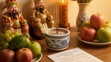 Mâm lễ vật tươm tất và bát hương trong nghi thức đọc văn khấn an vị Thần Tài Thổ Địa chuẩn phong thủy