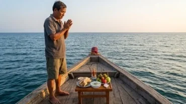 Ngư dân chắp tay đọc văn khấn Bà Cậu cho người đi biển trước mâm lễ trang nghiêm tại mũi tàu gỗ