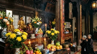 Mâm lễ vật tươm tất cùng bài văn khấn bà chúa kho chuẩn xác được chuẩn bị kỹ lưỡng tại không gian đền thiêng