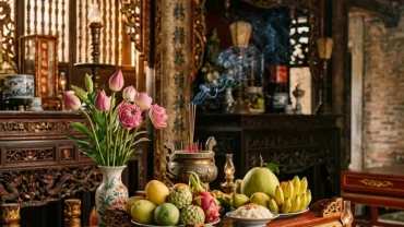 Mâm cúng chay thanh tịnh gồm trái cây tươi và xôi chè được sắp đặt gọn gàng cùng cuốn sổ nhỏ ghi bài văn khấn Bà Chúa Xứ