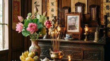 Không gian bàn thờ trang nghiêm được chuẩn bị chu đáo để đọc văn khấn Bác Hồ thể hiện lòng biết ơn sâu sắc