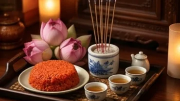 Mâm lễ chay thanh tịnh dâng án thờ để chuẩn bị đọc bài văn khấn Bác Hồ tại gia với hoa sen và hương trầm