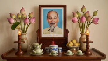 Mâm lễ vật và không gian dâng văn khấn Bác Hồ tại nhà được bài trí trang nghiêm, ấm cúng
