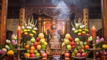 Mâm lễ vật trang nghiêm được dâng lên ban Công Đồng cùng bài văn khấn ban Công Đồng đệ trình tâm nguyện