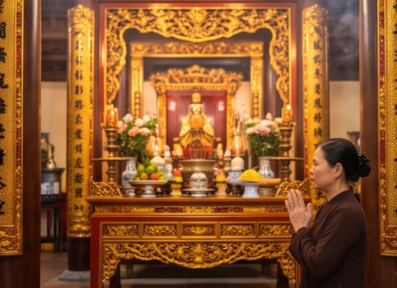 Tín đồ chắp tay thành tâm khấn vái trước ban Công Đồng Tứ Phủ xin phép mở đường