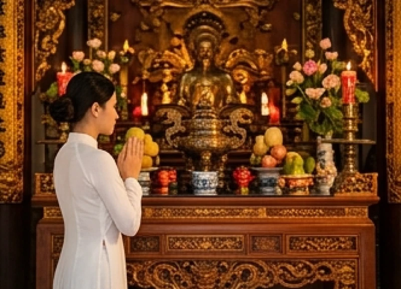 Văn khấn Đền Ngọc Sơn: Bài khấn các ban và quy trình đi lễ chuẩn 7 Người đi lễ chắp tay trang nghiêm đọc văn khấn trước ban Công Đồng ngập tràn ánh sáng