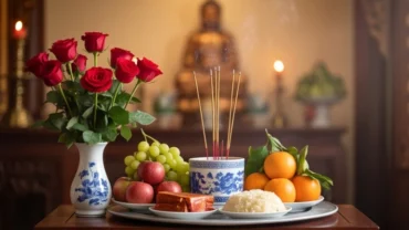 Người hành lễ thành tâm chắp tay dâng mâm lễ cúng ban Đức Ông tại ngôi chùa truyền thống Việt Nam