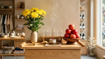 Mâm lễ hoa quả tươi và ba chén nước sạch chuẩn bị cho nghi thức đọc văn khấn bán hàng hàng ngày tại cửa hàng
