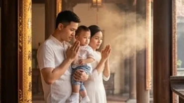 Cha mẹ chắp tay bái Phật cầu bình an khi đọc văn khấn bán khoán con vào chùa