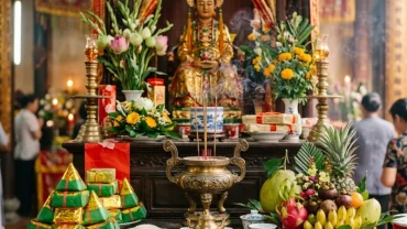 Mâm lễ chay thanh tịnh cùng bài văn khấn ban sơn trang được chuẩn bị chu đáo tại ban thờ Chúa Thượng Ngàn ở đền cổ