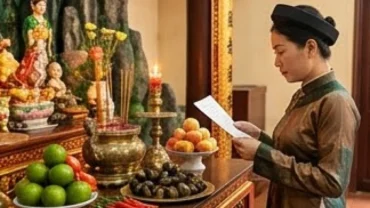 Người hành lễ trang nghiêm đọc văn khấn ban Sơn Trang trước mâm lễ vật ốc cua và trái cây ngũ sắc