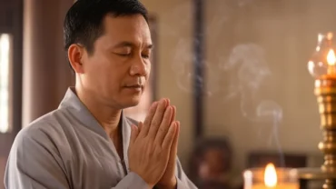 Tín đồ Phật tử trang nghiêm chắp tay đọc văn khấn ban Tam Bảo tại chùa cầu mong gia đạo bình an