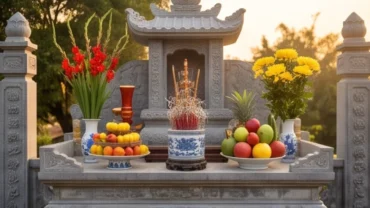 Bàn thờ Mẫu Cửu Trùng Thiên ngoài trời được chuẩn bị đầy đủ lễ vật trang nghiêm
