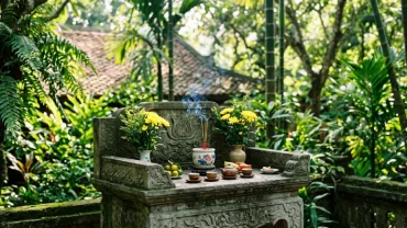 Mẫu bàn thờ thiên ngoài trời bằng đá tự nhiên được bày trí mâm lễ vật cơ bản chuẩn bị cho bài văn khấn bàn thờ thiên