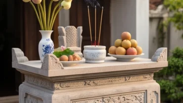 Bàn thờ thiên ngoài trời bằng đá chạm khắc tinh xảo đặt giữa sân vườn với mâm lễ vật hoa quả tươi và ba nén hương đang cháy