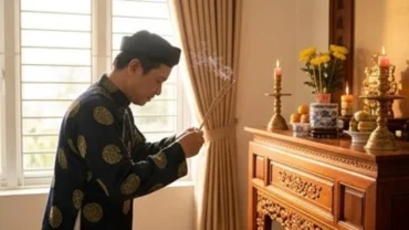 Người chủ gia đình thành tâm chắp tay đọc văn khấn báo cáo gia tiên trước ban thờ truyền thống