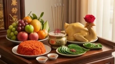 Mâm cúng tươm tất dâng lên bàn thờ chuẩn bị cho bài văn khấn báo cáo gia tiên có việc vui trong gia đình