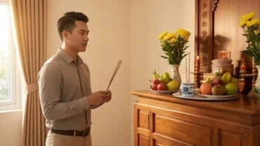 Mâm lễ cúng và người thanh niên chắp tay đọc văn khấn báo cáo gia tiên khi có việc làm mới