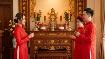 Cô dâu chú rể mặc áo dài đỏ trang trọng chắp tay đọc văn khấn báo cáo gia tiên khi cưới hỏi trước bàn thờ