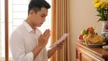 Chàng trai trẻ chắp tay thành kính đọc văn khấn báo cáo gia tiên khi thi đỗ trước bàn thờ gia đình