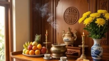 Bàn thờ gia tiên trang nghiêm sạch sẽ sau khi thực hiện nghi thức bao sái và đọc văn khấn