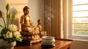 Tôn tượng Phật sáng bóng sau khi thực hiện nghi thức và đọc văn khấn bao sái bàn thờ Phật