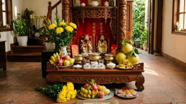 Gia chủ chuẩn bị mâm lễ vật thanh tịnh và đọc văn khấn bao sái ban thờ thần tài dịp cuối năm
