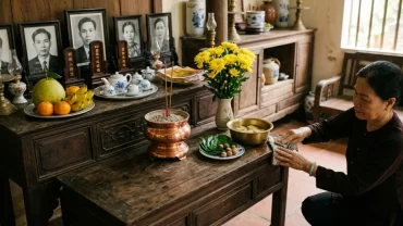 Mâm lễ vật tươm tất và dụng cụ chuyên biệt chuẩn bị cho nghi thức đọc văn khấn bao sái bát hương dịp cuối năm