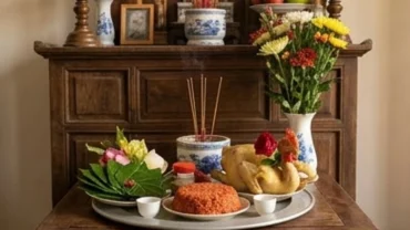 Mâm lễ vật thanh tịnh và bài văn khấn bỏ bàn thờ cũ được chuẩn bị tươm tất trong không gian trang nghiêm.
