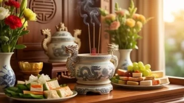 Ban thờ trang nghiêm chuẩn bị cho nghi thức đọc văn khấn bốc bát hương gia tiên với đầy đủ mâm lễ mặn