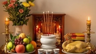 Bàn thờ Thần Tài trang nghiêm với mâm lễ vật đầy đủ chuẩn bị cho nghi thức đọc văn khấn bốc bát hương Thần Tài