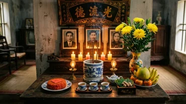 Gia chủ cẩn thận chuẩn bị văn khấn bốc bát hương thổ công và mâm lễ vật trang nghiêm trên bàn thờ gia đình