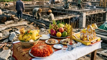 Mâm lễ vật ngũ hành truyền thống đặt ngoài trời dùng cho nghi thức đọc văn khấn bồi hoàn địa mạch tại nhà