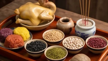 Mâm cúng ngũ hành và Thần Quy trong nghi lễ đọc văn khấn bồi hoàn địa mạch tại nhà