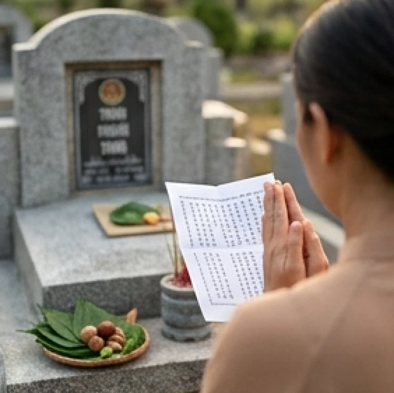 Văn khấn ngày trước giỗ: Bài cúng Tiên thường & quy tắc bày mâm 6 Gia chủ chắp tay trang nghiêm đọc bài khấn thỉnh mời gia tiên ngay tại phần mộ đã được dọn dẹp sạch sẽ và đắp đất đầy đặn.