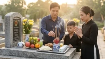 Người đàn ông thắp hương tại phần mộ gia tiên trong nghi thức cúng cáo giỗ ngoài mộ với mâm lễ vật trang nghiêm
