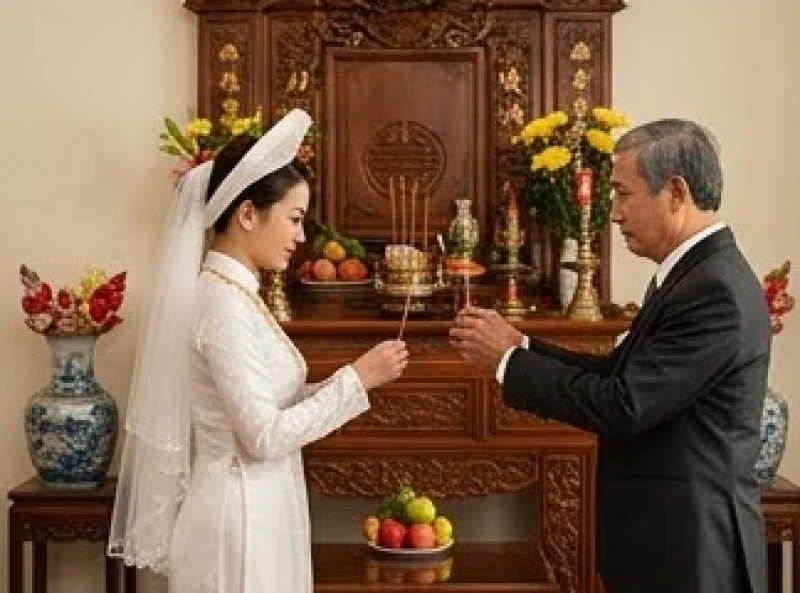 Văn khấn xin dâu chuẩn phong tục: Kịch bản và bài khấn chi tiết 9 Bố chú rể hướng dẫn hai con dâng hương yết cáo tổ tiên tại phòng thờ trang nghiêm họ nhà trai