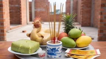 Mâm lễ vật cúng cất nóc nhà truyền thống được bày biện trang trọng trên công trường xây dựng