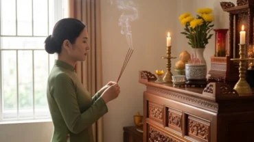 Người phụ nữ thắp hương đọc văn khấn cầu an tại ban thờ gia tiên trang nghiêm