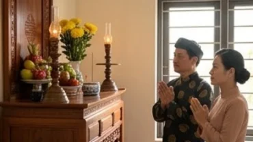 Gia chủ chắp tay thành kính đứng trước ban thờ gia tiên thầm đọc văn khấn cầu an cho gia đình