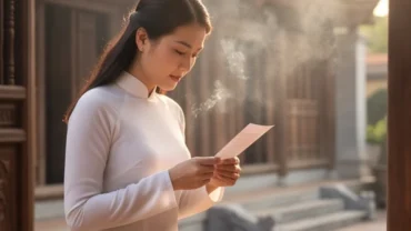 Tín chủ chắp tay thành kính đọc bài văn khấn cầu an tại chùa trước ban Tam Bảo thanh tịnh