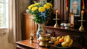 Mâm cúng chay thanh tịnh đặt trang nghiêm trên bàn thờ gia tiên cùng bản văn khấn cầu an tại nhà viết tay