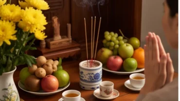 Mâm lễ trang nghiêm trên bàn thờ gia tiên cùng văn khấn cầu an tại nhà