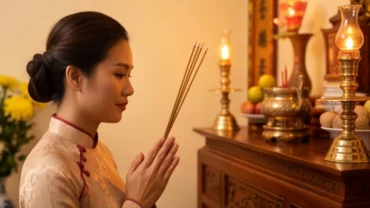 Gia chủ chắp tay đọc văn khấn cầu bình an đầu năm trước ban thờ gia tiên trang nghiêm