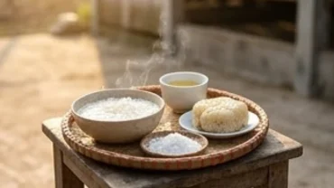 Mâm lễ tươm tất với gạo, muối và bánh tét chuẩn bị cho nghi thức đọc văn khấn cầu chăn nuôi thuận lợi